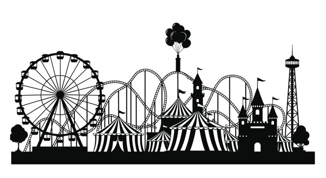 A striking black and white illustration depicts an amusement park skyline with a distinct silhouette high quality professional detailed modern elegant