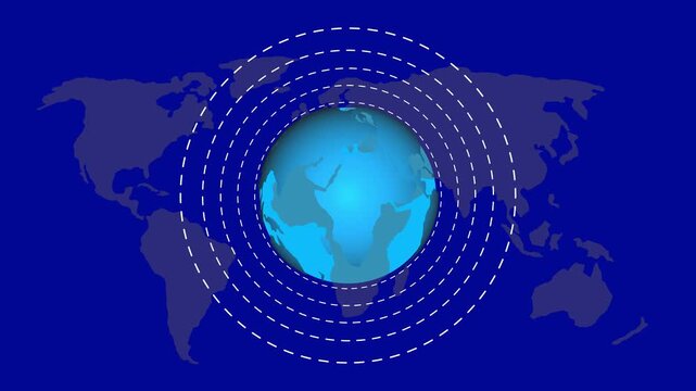 Blue Earth globe with concentric dashed circles on a dark blue world map background image photo