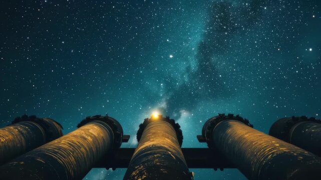 Gazing at Celestial Pipelines: A striking perspective of industrial pipes reaching toward a starlit night sky, inviting contemplation of the boundless universe above.