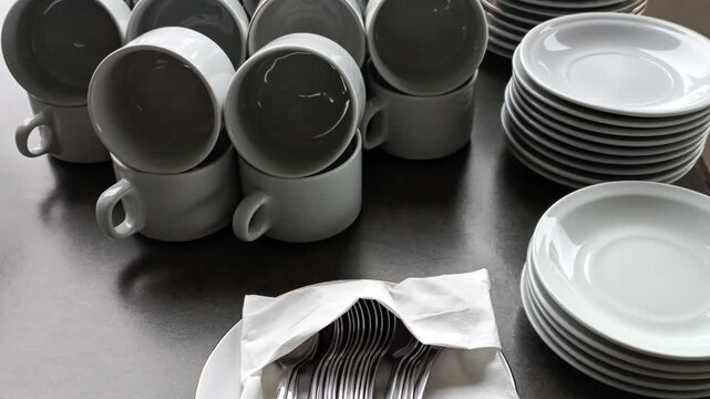 Zoom out footage of white ceramic coffee and tea cups with saucers neatly arranged on a cafe table.