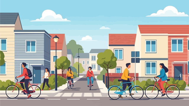 Cyclists riding bicycles on a suburban street with houses and trees around
