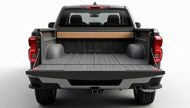 View of pickup truck bed, open tailgate, rear lights. Durable interior features ribbed flooring, wooden trim detail. Truck stationary, ready for cargo transport utility use. Modern vehicle design.