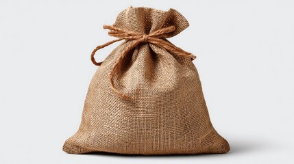 Rustic burlap sack tied with a rope on a plain background, perfect for showcasing natural textures in creative projects or product displays in advertising and marketing materials.