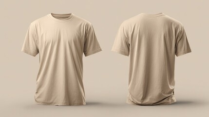 A Plain Beige Cotton T-Shirt on a Simple Background Displaying Front and Back Views Ideal for Fashion Marketing or Apparel Design Projects