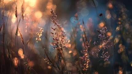 Beautiful golden hour light illuminating wildflowers in a serene natural landscape, creating a dreamy atmosphere with soft bokeh effect in the background