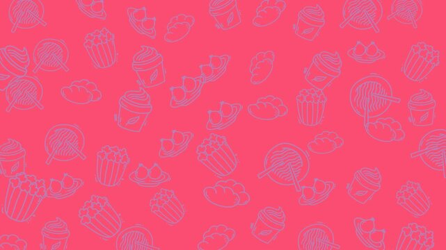 Whimsical food doodle pattern featuring cupcakes and popcorn. Perfect for packaging design, stationery, and menu backgrounds for a playful touch.