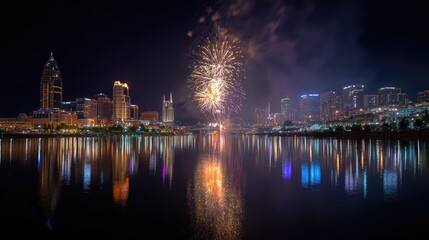 Spectacular Night Fireworks Display Over City Skyline with Reflections in Water Highlighting Celebratory Atmosphere and Vibrant Urban Lights