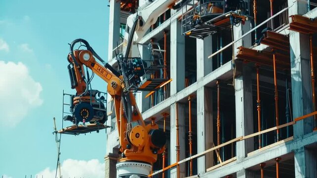 Construction Automation: Modern robotic arms are precisely engaged in the erection of a contemporary building, symbolizing efficiency, and progress within the construction industry.
