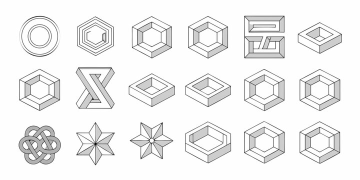 Optical illusions featuring geometric shapes and impossible figures