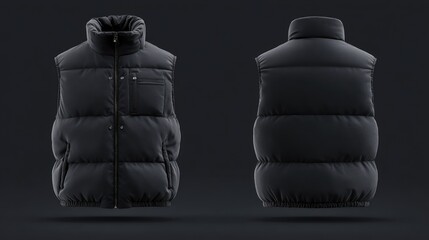 Stylish Black Down Vest with High Collar and Zipper Front Closure Showcasing Front and Back Views, Ideal for Fashion and Outdoor Activities in Cool Weather