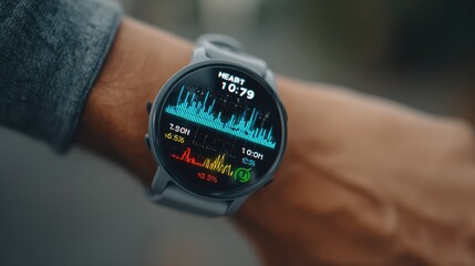Sleek Smartwatch on Wrist Displaying Heart Rate and Activity Levels with Vibrant Digital Graphs, Perfect for Fitness Tracking and Health Monitoring in Contemporary Lifestyle