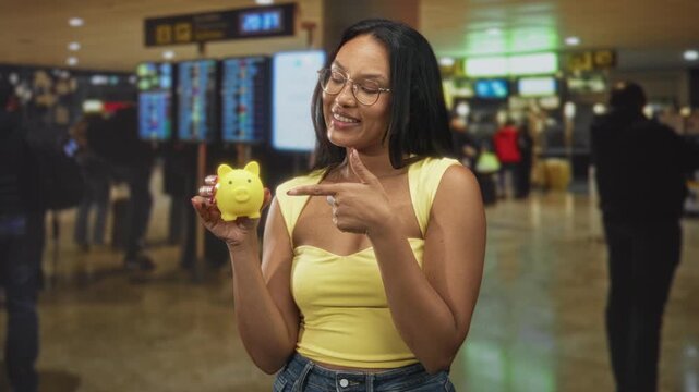 Woman holding yellow piggybank and pointing finger in a busy airport terminal with departure boards and travelers in the background; savings finance optimism.