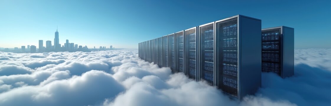 Servers are in clouds near city skyline. Computer racks rise above mist. Digital data storage towers represent internet technology. Future network infrastructure is blue sky.