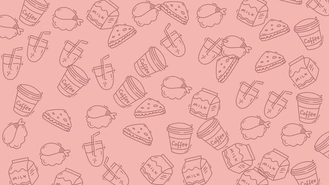 Pattern of coffee milk drinks and food doodles perfect for cafe menus, posters, and social media graphics for coffee shops.