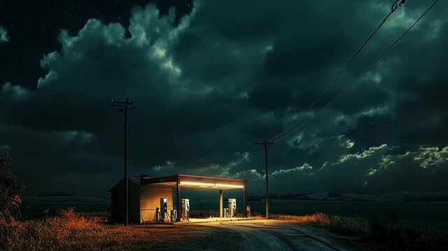 Gas Station Under Stormy Sky: A lonely gas station stands under a dramatic, stormy sky at dusk, its lights illuminating the foreboding darkness that suggests isolation and transition.