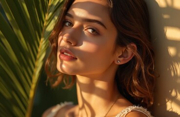 Naklejka premium Young woman face in profile partially covered by palm leaf shadow. Golden hour sunlight creates dappled light effect on skin. She looks relaxed, serene, enjoying warm weather.