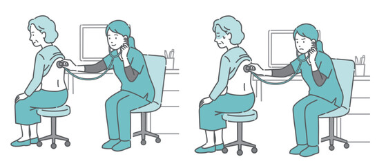 スクラブを着用した女性医療従事者による高齢女性の背中の聴診イラストセット（正常・異常/体調不良）