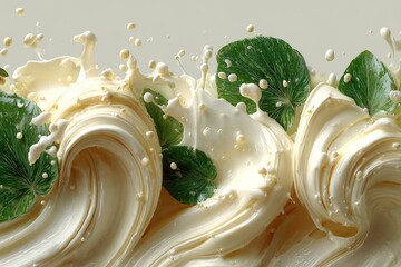 A dynamic 3D render of creamy liquid splashing with fresh green leaves against a soft white background.