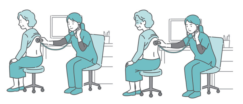 スクラブを着用した女性医療従事者による高齢女性の背中の聴診イラストセット（正常・異常/体調不良）