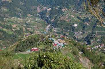 Mountain Village in Forested Hills with Rural Community Buildings