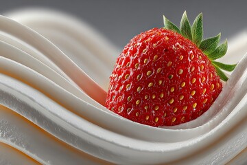 A vibrant strawberry nestled in a swirl of creamy whipped cream against a clean background, captured in high-speed studio photography.