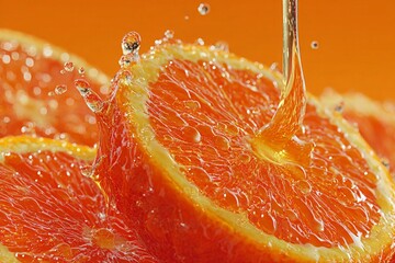 A vibrant orange slice glistens under honey drizzle, captured in high-speed studio photography with a bright clean background and hyperrealistic texture.