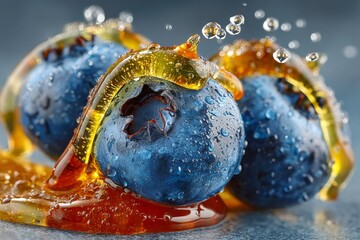 A close-up of fresh blueberries glistening with honey and water droplets, captured in high-speed studio photography with a clean background and hyperrealistic detail.
