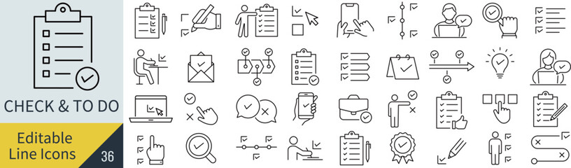 Fototapeta na wymiar 線の編集ができるチェックとto-doに関するアイコンセット（アウトライン化していない） 