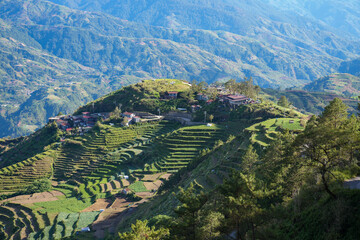 Terraced Farming Village on Mountain Hillside with Lush Green Landscape