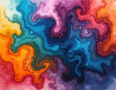 Abstract vibrant fluid art with swirling rainbow colors like blue pink purple yellow orange and teal. Organic patterns and textures flow together creating dynamic wave like shapes.