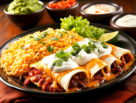 Bean and Cheese Enchiladas with Mexican Rice and Sour Cream, Guacamole and Salsa
