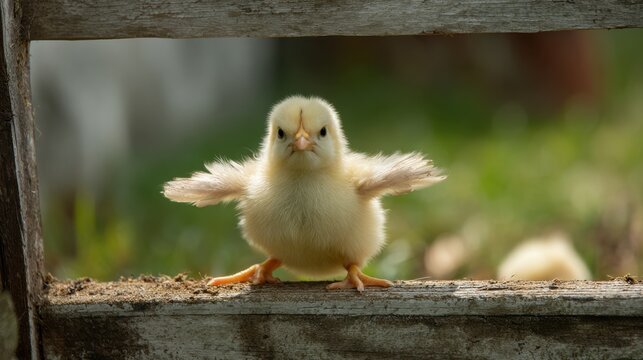 Bold Chick's Majestic Pose: An adorable, fluffy chick stands proud, wings outstretched, capturing a moment of youthful exuberance and charm. 