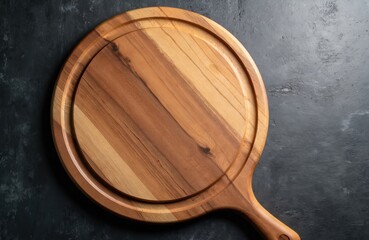 Fototapeta premium Round wooden pizza board with handle rests on dark textured surface. Empty space for text allows for personalization. Natural wood grain adds rustic charm. Ideal for food presentation and cooking.