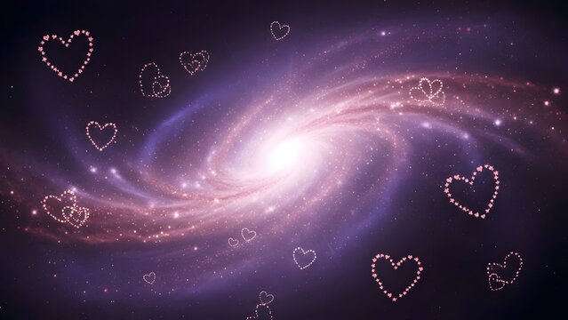 Galactic Valentine's Day backdrop featuring a swirling nebula with bright center, dotted heart shapes scattered across a dark violet starry space background, romantic love concept.