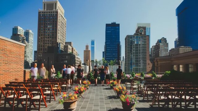 Urban Oasis: A stunning rooftop setting in the city. Capturing the skyline backdrop with people, and the flowers adding a touch of elegance.