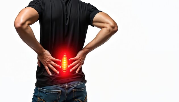 Man holds lower back suffering severe pain. Lumbar spine highlighted with glowing red and yellow indicating discomfort. Person experiences acute discomfort in lower back area.