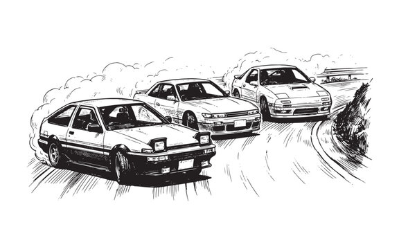 JDM Sports Cars Drifting on Mountain Pass Illustration