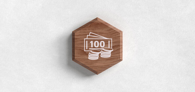 Geld Scheine und M&uuml;nzen Finanzen Icon Holz Hexagon Business Header Grafik f&uuml;r Investment Bank Sparen Reichtum W&auml;hrung Wirtschaft Kapital Ertrag Erfolg Budget Finanzplanung