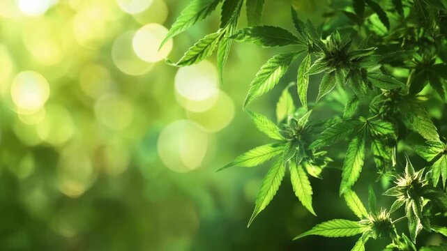 Vibrant green marijuana leaves bathed in sunlight against a soft bokeh background, representing growth and potential. The leaves are the focus of the photo, with soft focus