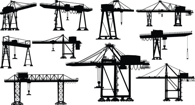 Industrial crane silhouettes, construction equipment, gantry crane, tower crane, container crane, heavy lifting, engineering design, black vector, logistics art