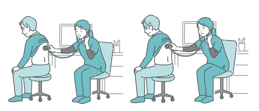 スクラブを着用した女性医療従事者による高齢男性の背中の聴診イラストセット（正常・異常/体調不良）