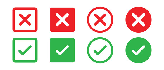Check mark icons. green check mark and red cross mark icon set. green tick and red x. Symbols of approval and Decline, vector illustration. © Akkach