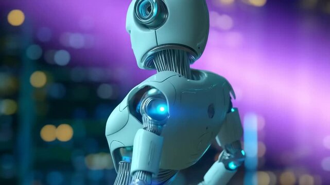 Futuristic Robot's Contemplation: An elegant, state-of-the-art robot gazes pensively against a backdrop of modern cityscape lights, with soft focus.