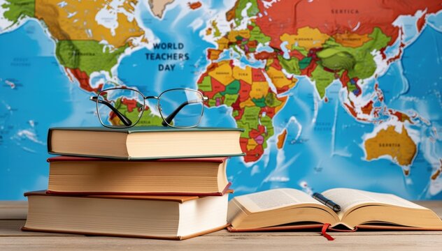 A Stack of Knowledge: A collection of books and reading glasses rests upon a wooden surface, set against the backdrop of a detailed world map.