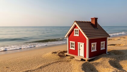 Red Cottage at Seaside: A charming red cottage stands on a sandy beach, bathed in sunlight, as gentle waves caress the shore, evoking a sense of tranquility and coastal dreams.