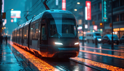 Obraz premium Modern tram moves on tracks in rainy city at night. Neon lights reflect on wet street. Futuristic transport system travels through urban setting with blurred cars.