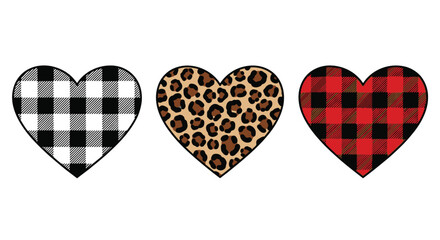 Three heart shapes display varied patterns of buffalo check leopard print and gingham a striking silhouette high quality professional detailed modern © CreativeAkash099
