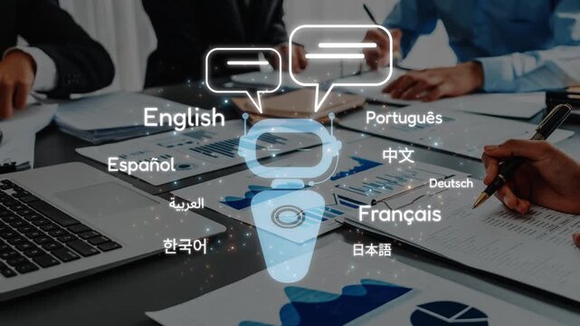 A diverse group engaged in a business meeting illustrates the importance of multilingual communication for effective collaboration in a global environment. Raster