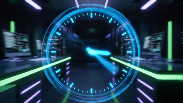 Futuristic digital clock display in a high-tech data center, symbolizing rapid data processing, operational efficiency, and advanced computing speed within a secure server environment
