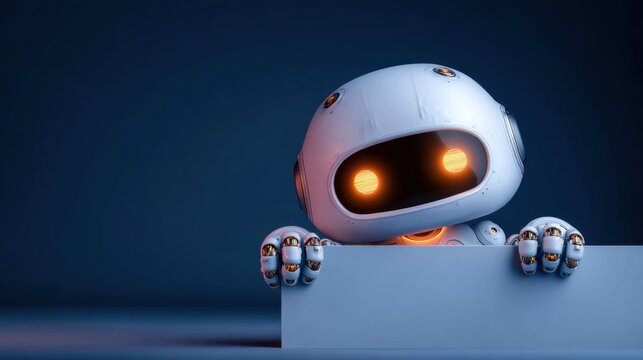 Friendly Robot with Sign: A cute and curious robot peers over a blank sign. With glowing eyes and a sleek design.